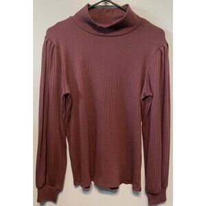 Ginger G Ribbed Mock Neck Top L Burgundy Button Back Long Sleeve Minimalist